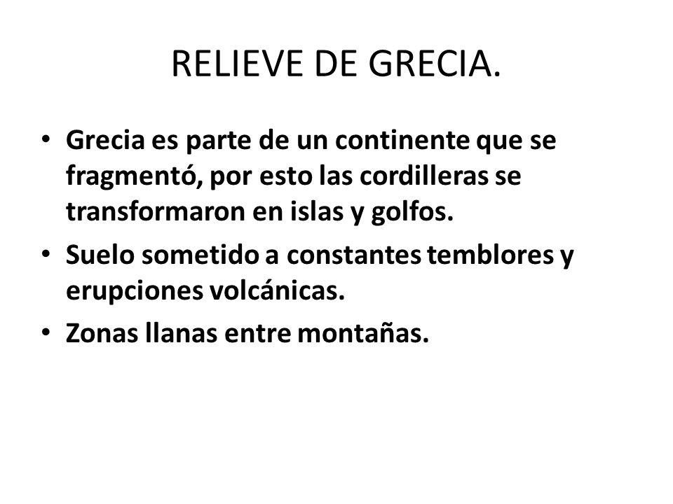 RELIEVE DE GRECIA. Grecia es parte de un continente que se fragmentó, por esto las cordilleras se transformaron en islas y golfos.