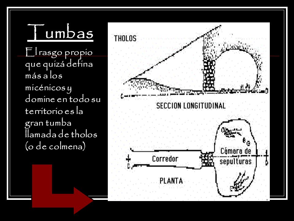 Tumbas El rasgo propio que quizá defina más a los micénicos y domine en todo su territorio es la gran tumba llamada de tholos (o de colmena)