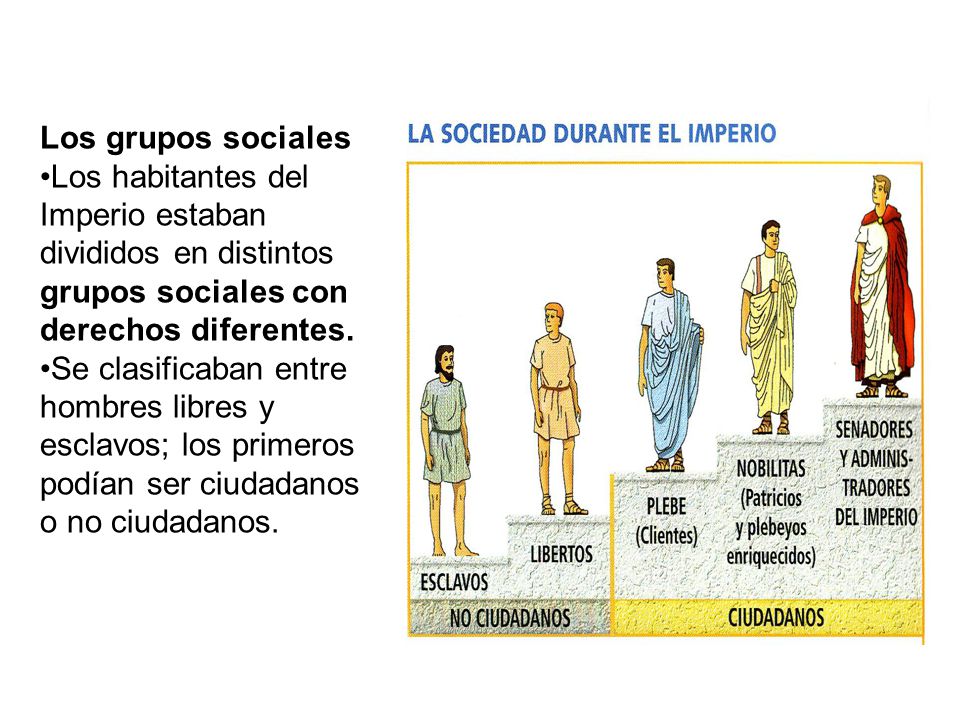 Los grupos sociales •Los habitantes del Imperio estaban divididos en distintos grupos sociales con derechos diferentes.