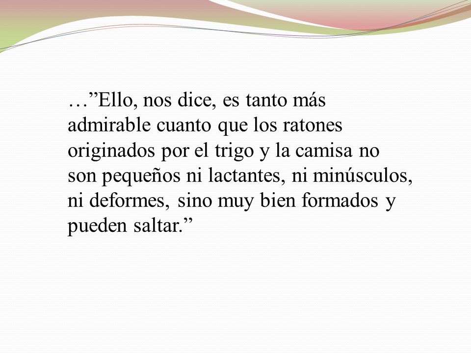 … Ello, nos dice, es tanto más admirable cuanto que los ratones originados por el trigo y la camisa no son pequeños ni lactantes, ni minúsculos, ni deformes, sino muy bien formados y pueden saltar.