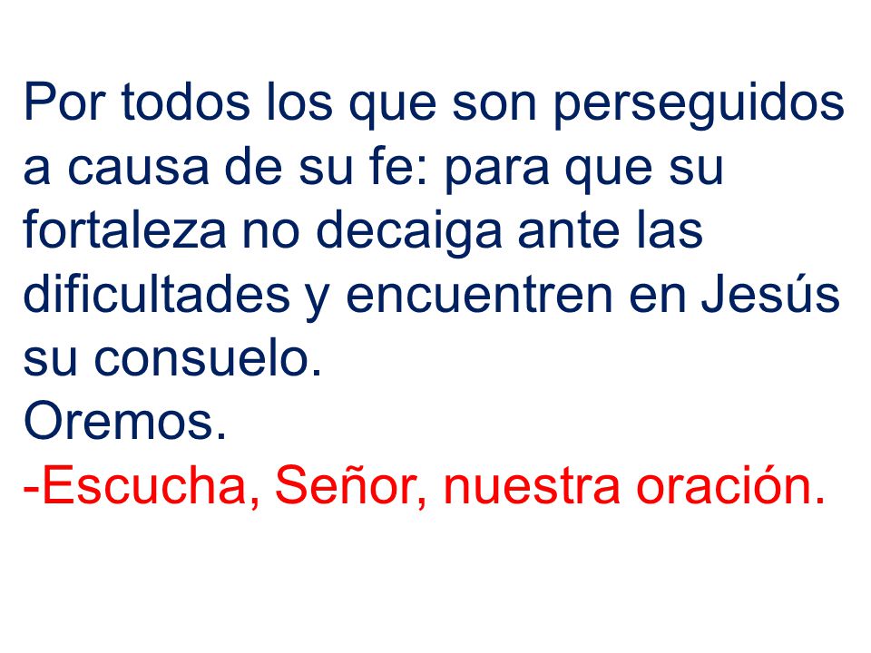 Por todos los que son perseguidos a causa de su fe: para que su fortaleza no decaiga ante las dificultades y encuentren en Jesús su consuelo.