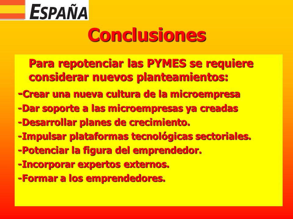 Conclusiones Para repotenciar las PYMES se requiere considerar nuevos planteamientos: -Crear una nueva cultura de la microempresa.
