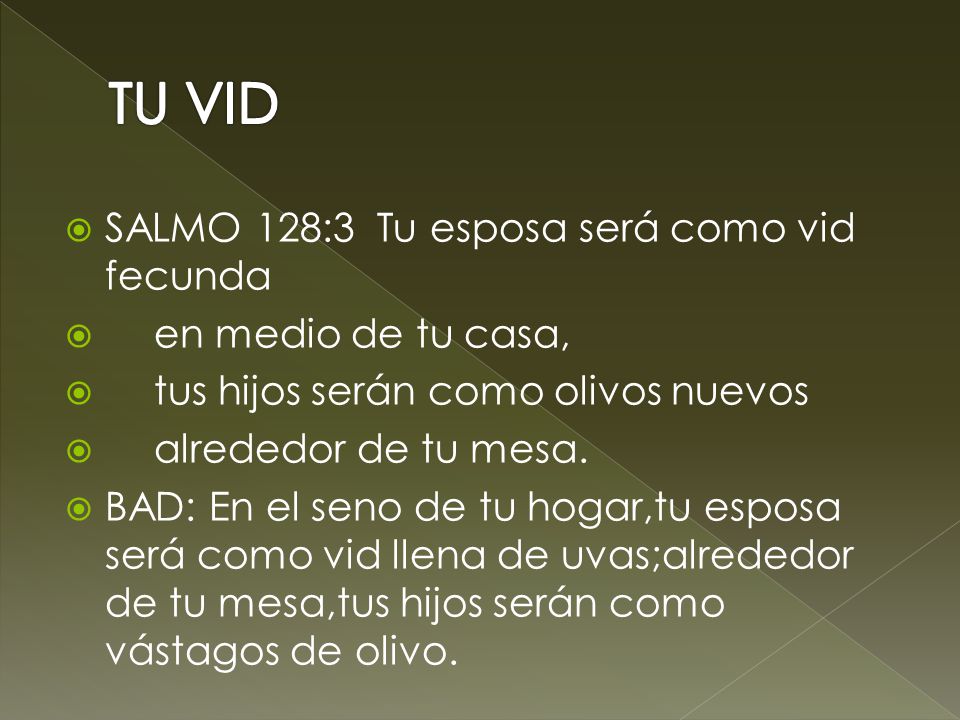 TU VID SALMO 128:3 Tu esposa será como vid fecunda