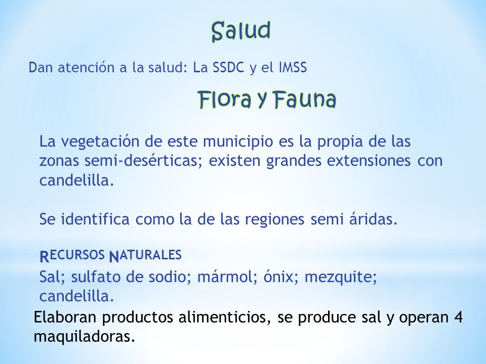 Salud Dan atención a la salud: La SSDC y el IMSS. Flora y Fauna.