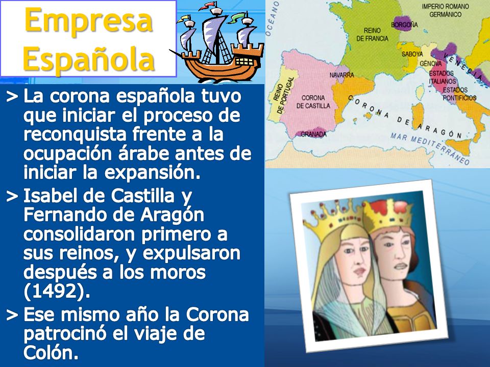 Empresa Española La corona española tuvo que iniciar el proceso de reconquista frente a la ocupación árabe antes de iniciar la expansión.