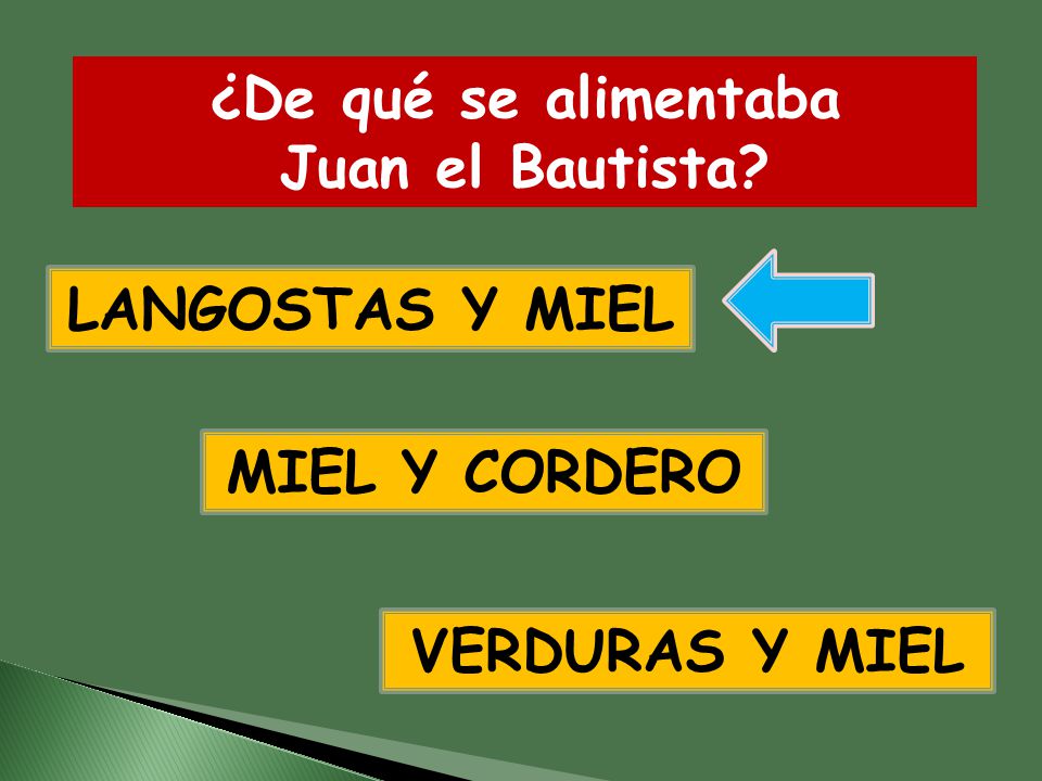 ¿De qué se alimentaba Juan el Bautista LANGOSTAS Y MIEL MIEL Y CORDERO VERDURAS Y MIEL