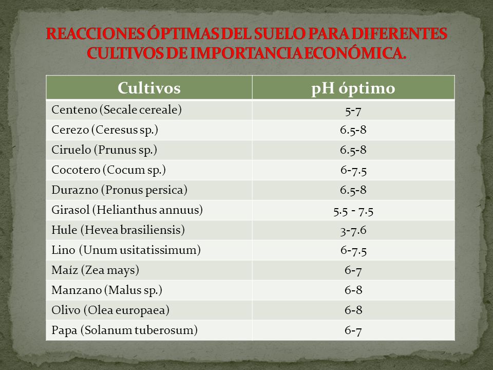REACCIONES ÓPTIMAS DEL SUELO PARA DIFERENTES CULTIVOS DE IMPORTANCIA ECONÓMICA.