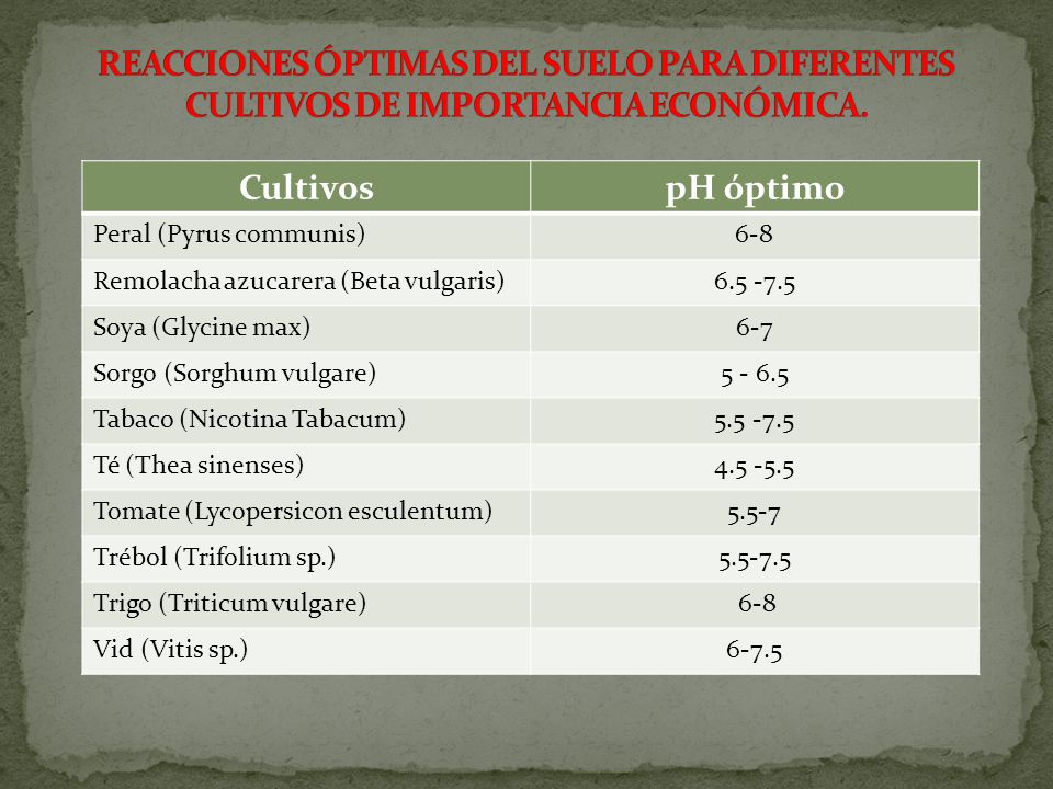 REACCIONES ÓPTIMAS DEL SUELO PARA DIFERENTES CULTIVOS DE IMPORTANCIA ECONÓMICA.