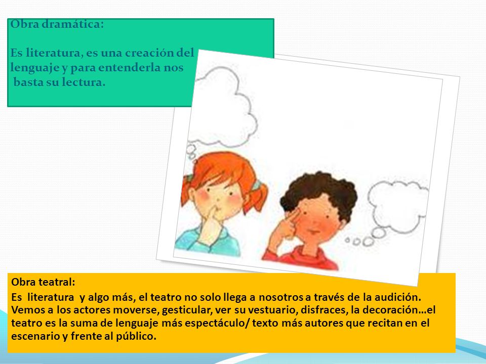 Obra dramática: Es literatura, es una creación del lenguaje y para entenderla nos basta su lectura.