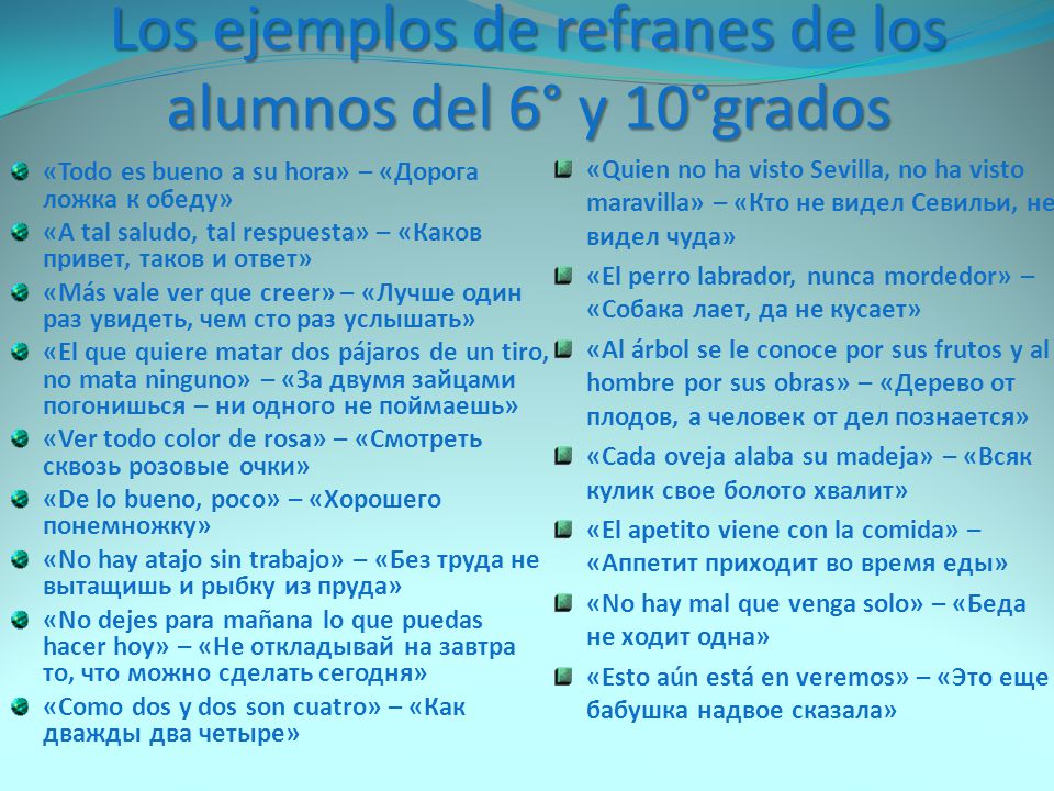 Los ejemplos de refranes de los alumnos del 6° y 10°grados