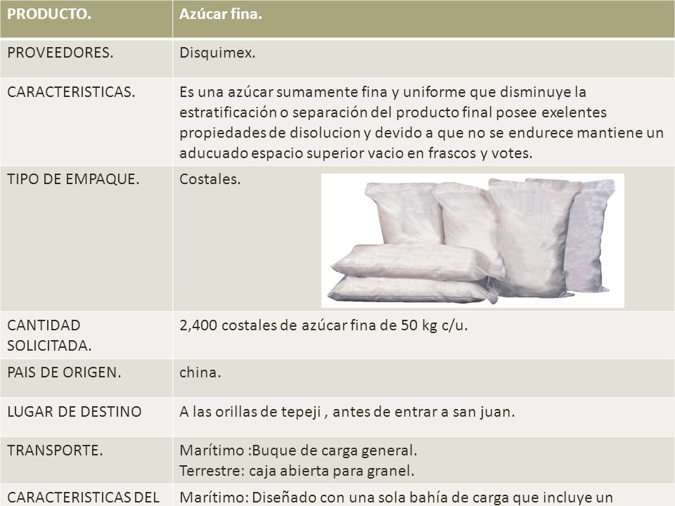 PRODUCTO. Azúcar fina. PROVEEDORES. Disquimex. CARACTERISTICAS.