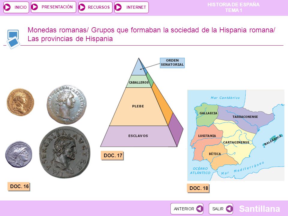 Monedas romanas/ Grupos que formaban la sociedad de la Hispania romana/ Las provincias de Hispania
