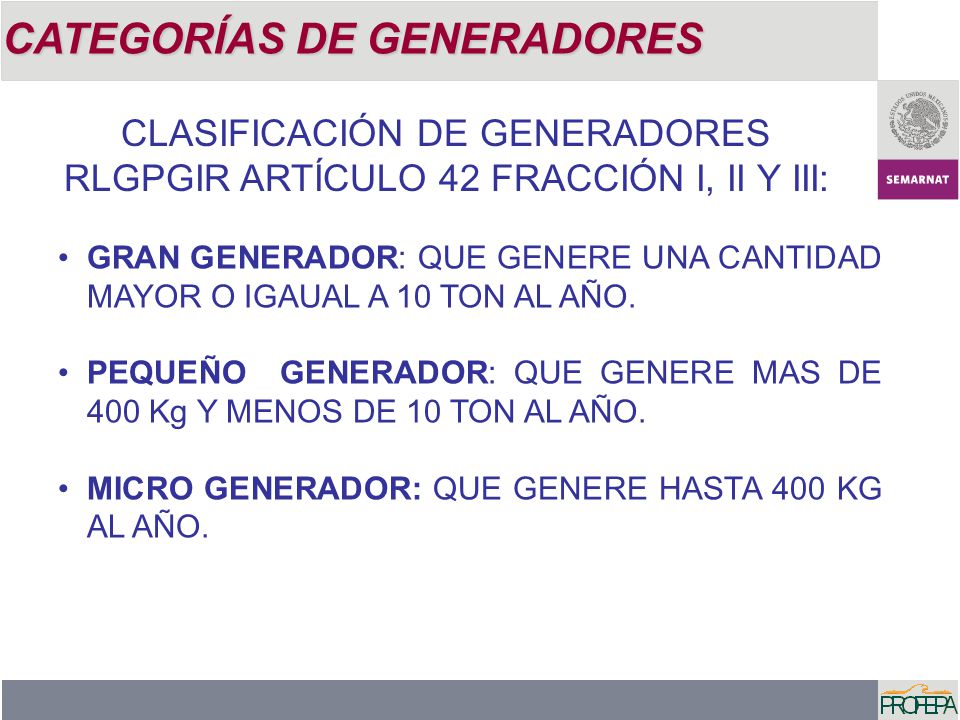 CLASIFICACIÓN DE GENERADORES RLGPGIR ARTÍCULO 42 FRACCIÓN I, II Y III: