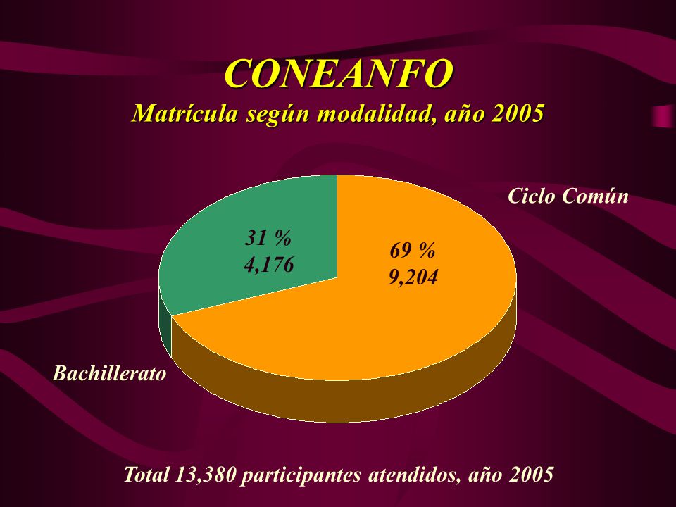 CONEANFO Matrícula según modalidad, año 2005 Ciclo Común 31 % 4,176