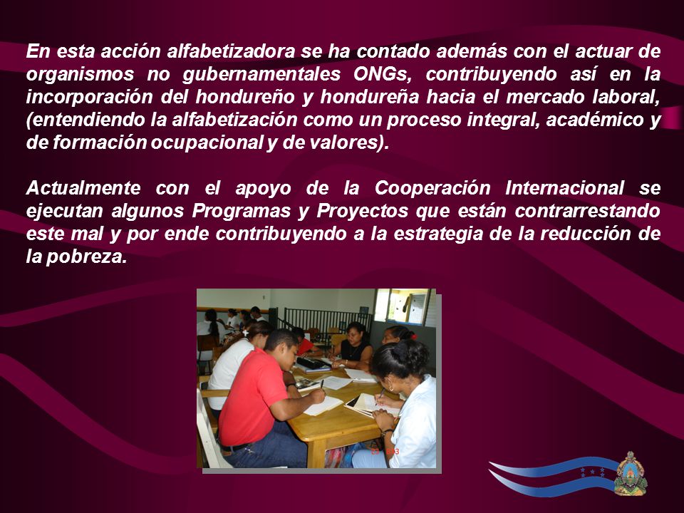 En esta acción alfabetizadora se ha contado además con el actuar de organismos no gubernamentales ONGs, contribuyendo así en la incorporación del hondureño y hondureña hacia el mercado laboral, (entendiendo la alfabetización como un proceso integral, académico y de formación ocupacional y de valores).