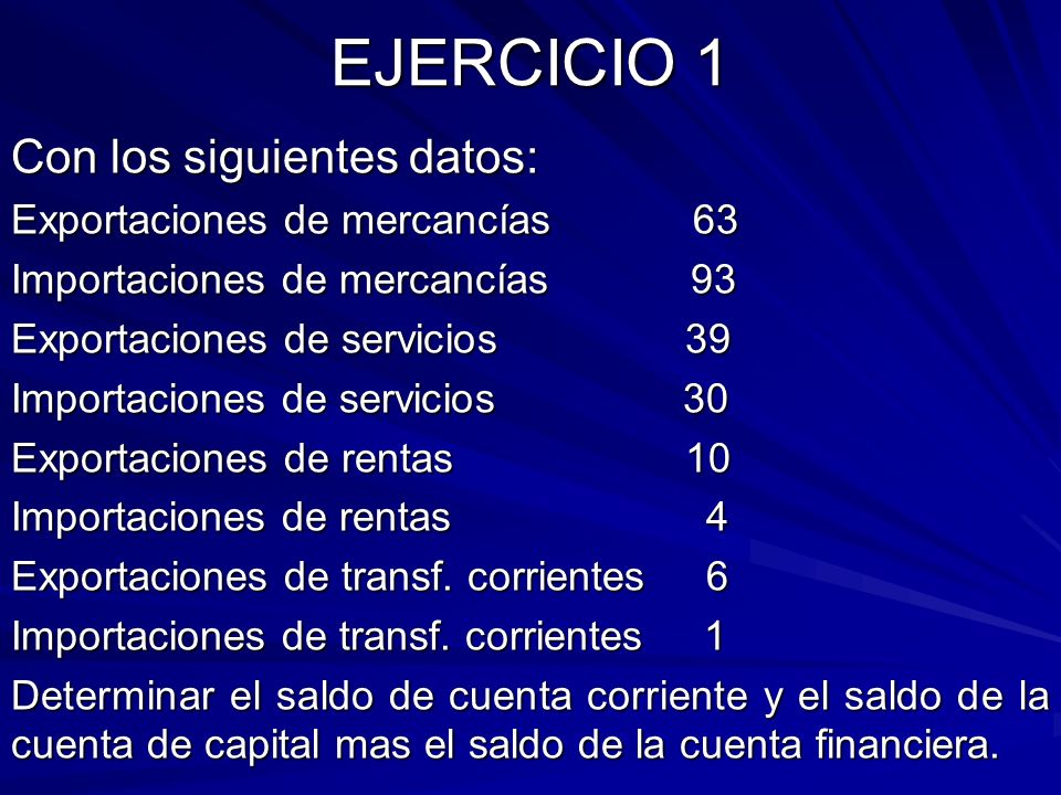 EJERCICIO 1 Con los siguientes datos: Exportaciones de mercancías 63
