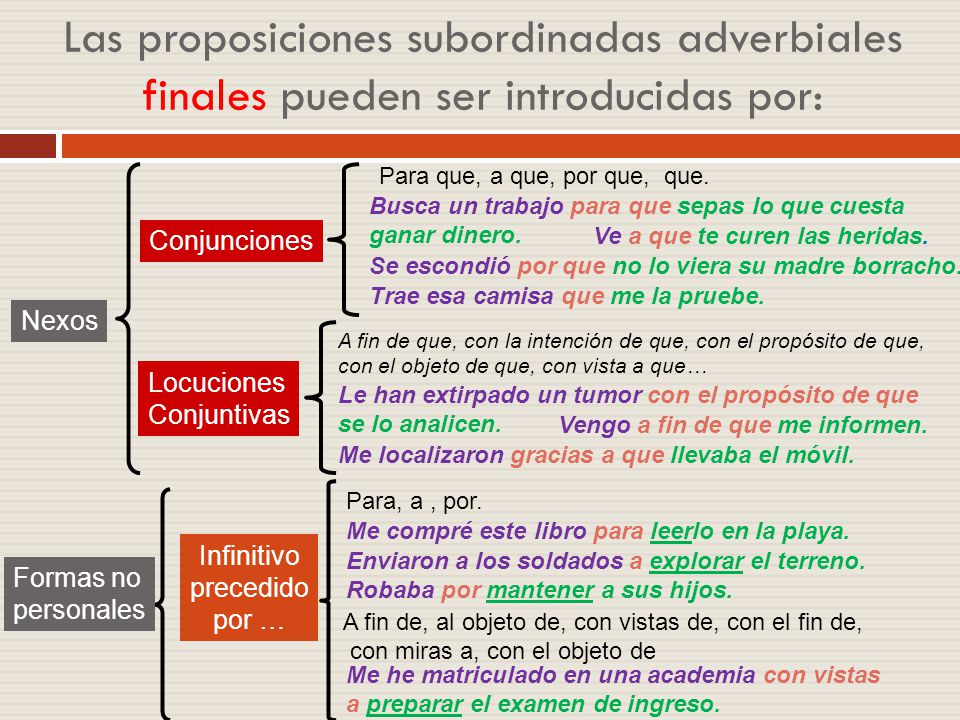 Las proposiciones subordinadas adverbiales finales pueden ser introducidas por: