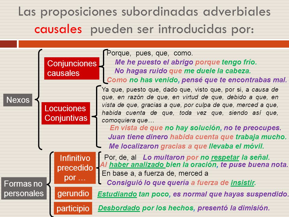 Las proposiciones subordinadas adverbiales causales pueden ser introducidas por: