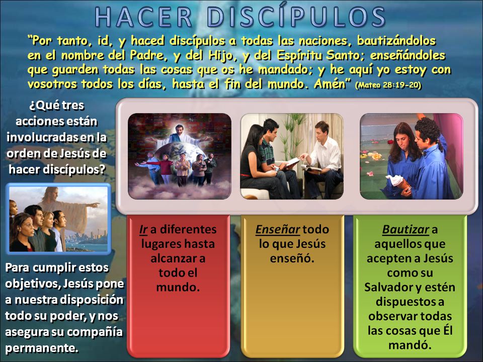 Por tanto, id, y haced discípulos a todas las naciones, bautizándolos en el nombre del Padre, y del Hijo, y del Espíritu Santo; enseñándoles que guarden todas las cosas que os he mandado; y he aquí yo estoy con vosotros todos los días, hasta el fin del mundo. Amén (Mateo 28:19-20)