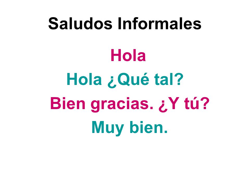 Saludos Informales Hola ¿Qué tal Bien gracias. ¿Y tú Muy bien.