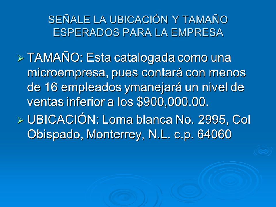 SEÑALE LA UBICACIÓN Y TAMAÑO ESPERADOS PARA LA EMPRESA