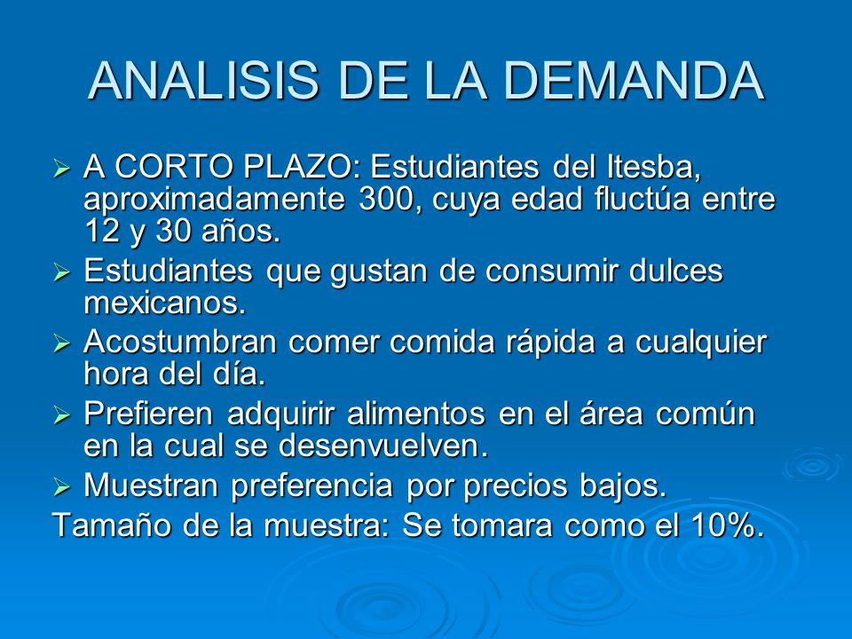 ANALISIS DE LA DEMANDA A CORTO PLAZO: Estudiantes del Itesba, aproximadamente 300, cuya edad fluctúa entre 12 y 30 años.