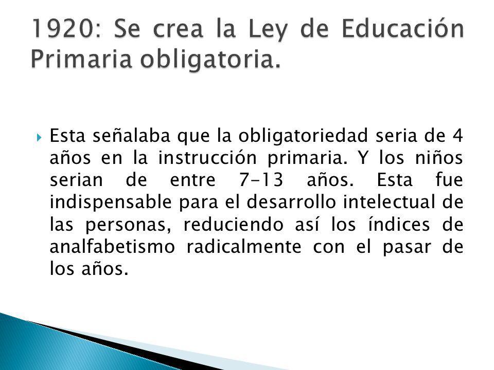 1920: Se crea la Ley de Educación Primaria obligatoria.