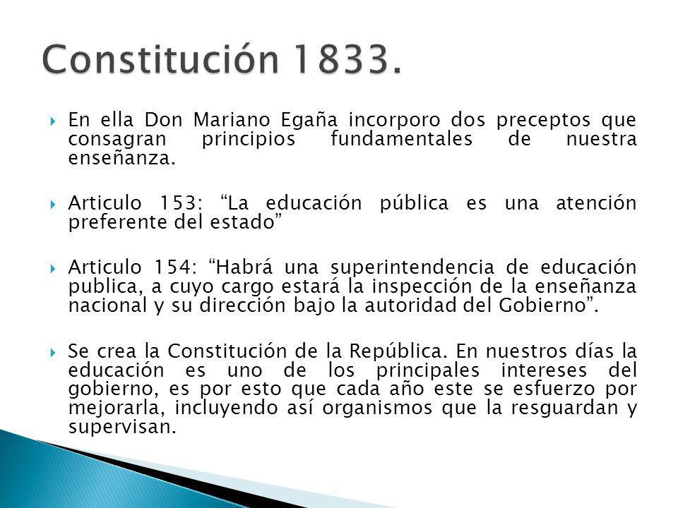 Constitución En ella Don Mariano Egaña incorporo dos preceptos que consagran principios fundamentales de nuestra enseñanza.