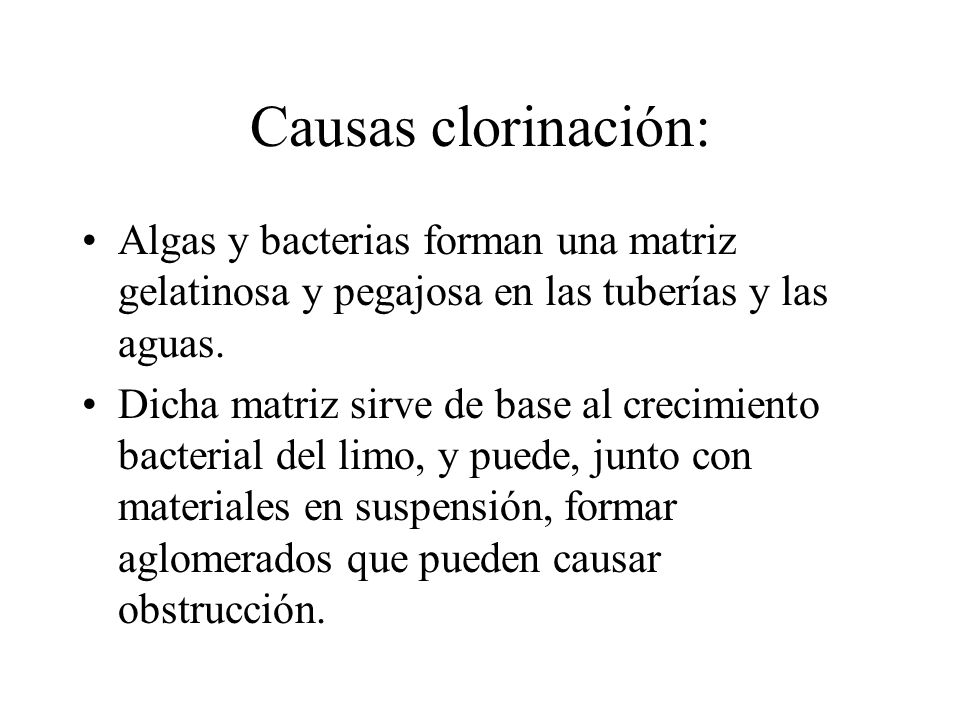 Causas clorinación: Algas y bacterias forman una matriz gelatinosa y pegajosa en las tuberías y las aguas.