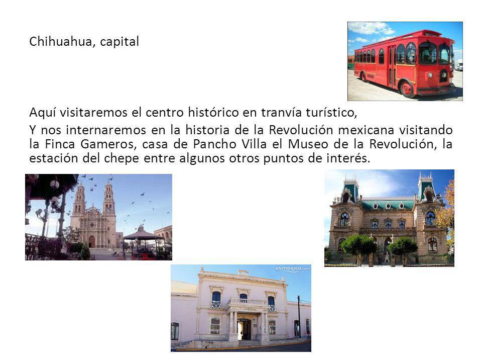 Chihuahua, capital Aquí visitaremos el centro histórico en tranvía turístico, Y nos internaremos en la historia de la Revolución mexicana visitando la Finca Gameros, casa de Pancho Villa el Museo de la Revolución, la estación del chepe entre algunos otros puntos de interés.