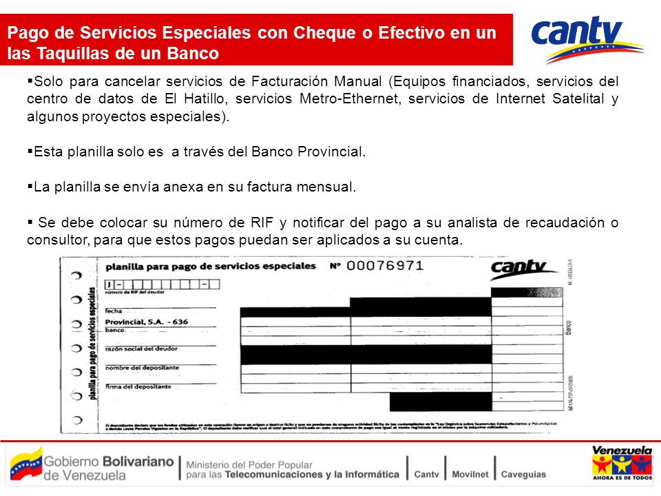 Pago de Servicios Especiales con Cheque o Efectivo en un