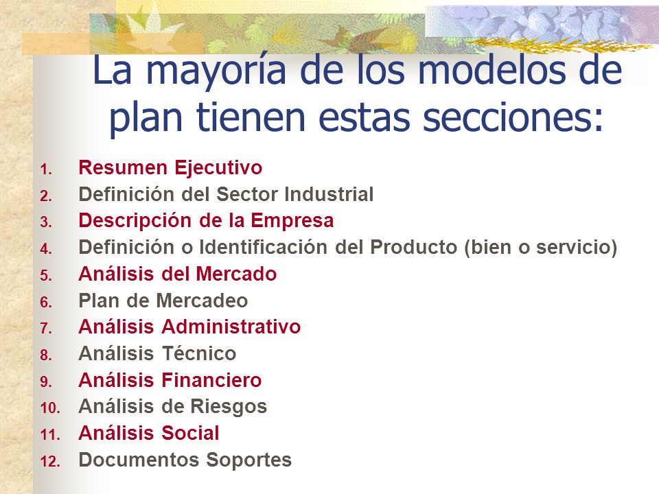 La mayoría de los modelos de plan tienen estas secciones: