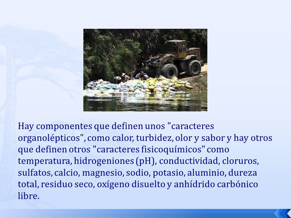 Hay componentes que definen unos caracteres organolépticos , como calor, turbidez, olor y sabor y hay otros que definen otros caracteres fisicoquímicos como temperatura, hidrogeniones (pH), conductividad, cloruros, sulfatos, calcio, magnesio, sodio, potasio, aluminio, dureza total, residuo seco, oxígeno disuelto y anhídrido carbónico libre.