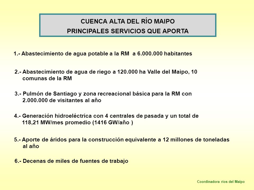 Cuenca Alta del Río Maipo Principales servicios que aporta