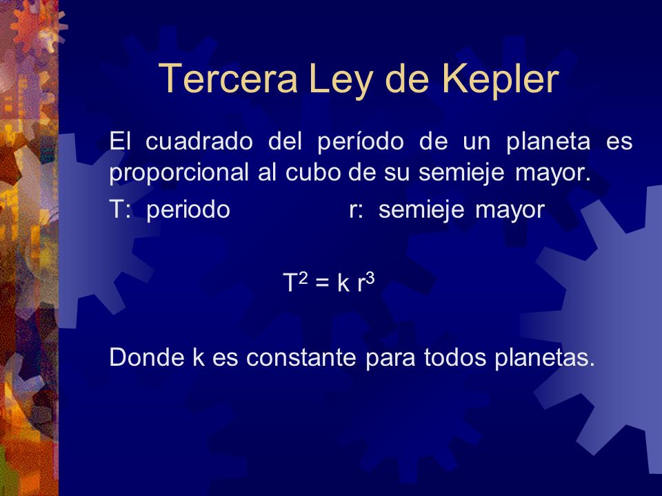 Tercera Ley de Kepler El cuadrado del período de un planeta es proporcional al cubo de su semieje mayor.