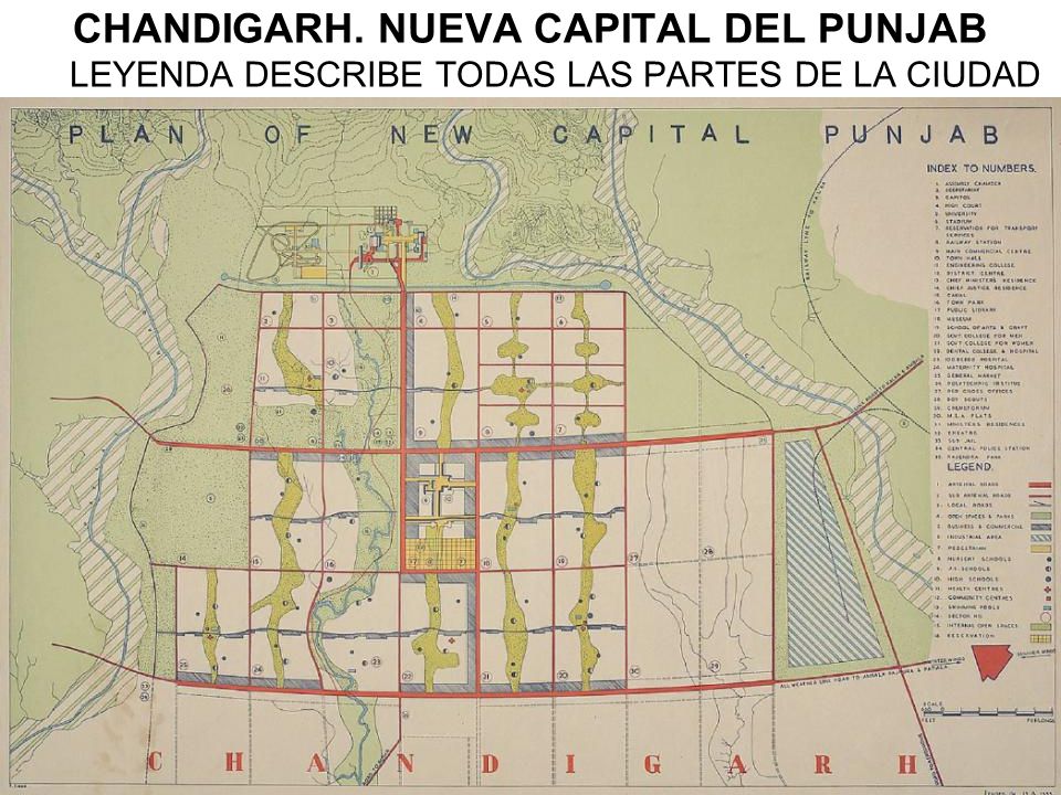 CHANDIGARH. NUEVA CAPITAL DEL PUNJAB LEYENDA DESCRIBE TODAS LAS PARTES DE LA CIUDAD