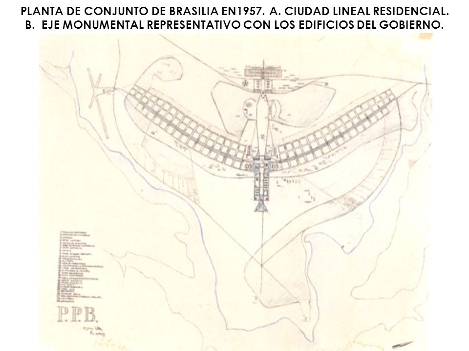 PLANTA DE CONJUNTO DE BRASILIA EN1957. A. CIUDAD LINEAL RESIDENCIAL. B