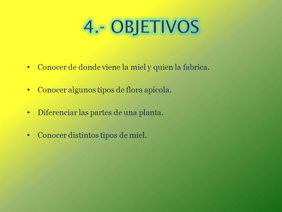 4.- OBJETIVOS Conocer de donde viene la miel y quien la fabrica.