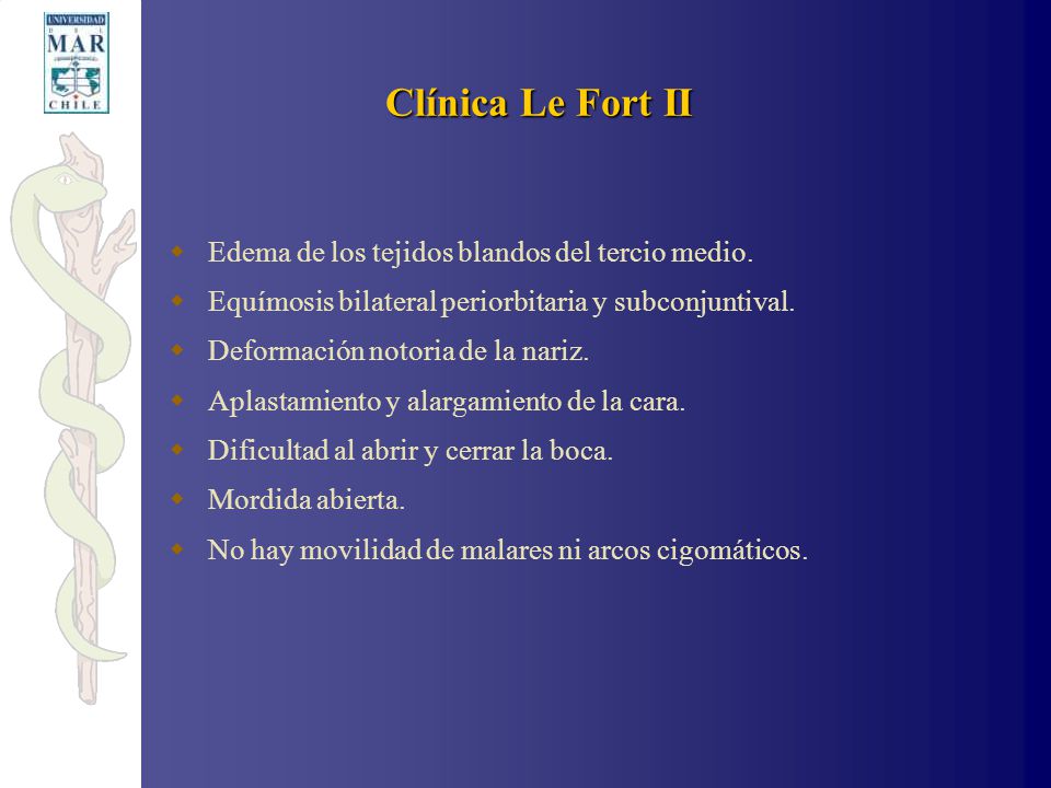 Clínica Le Fort II Edema de los tejidos blandos del tercio medio.
