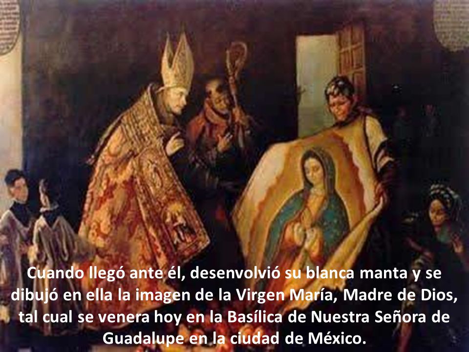 Cuando llegó ante él, desenvolvió su blanca manta y se dibujó en ella la imagen de la Virgen María, Madre de Dios, tal cual se venera hoy en la Basílica de Nuestra Señora de Guadalupe en la ciudad de México.