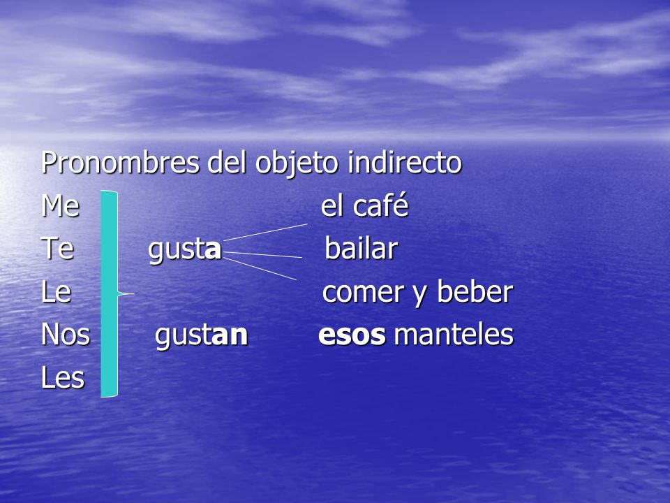 Pronombres del objeto indirecto Me el café Te gusta bailar Le comer y beber Nos gustan esos manteles Les