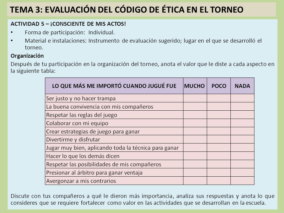 TEMA 3: EVALUACIÓN DEL CÓDIGO DE ÉTICA EN EL TORNEO