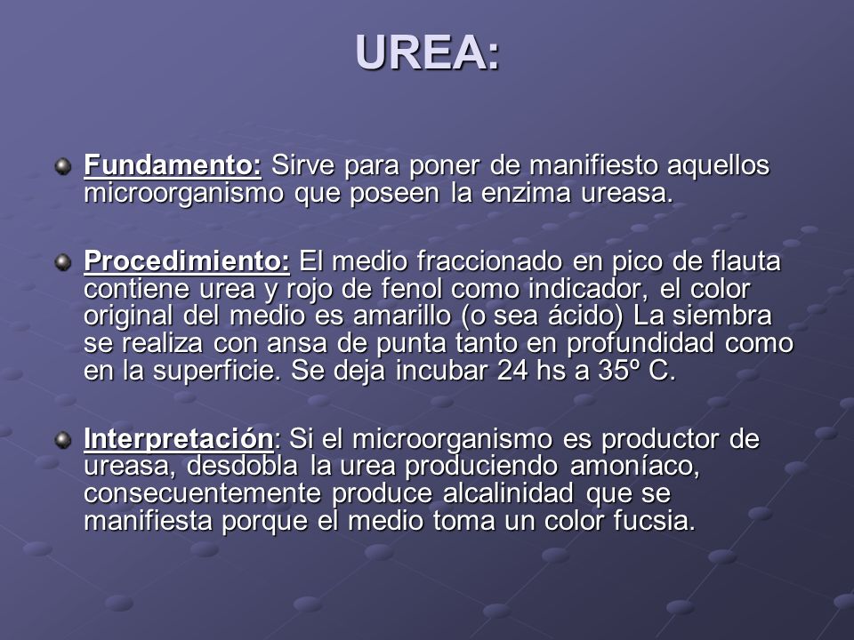 UREA: Fundamento: Sirve para poner de manifiesto aquellos microorganismo que poseen la enzima ureasa.