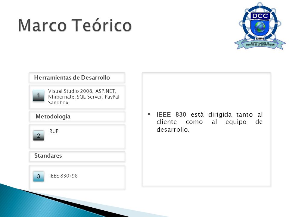 Marco Teórico Herramientas de Desarrollo. IEEE 830 está dirigida tanto al cliente como al equipo de desarrollo.
