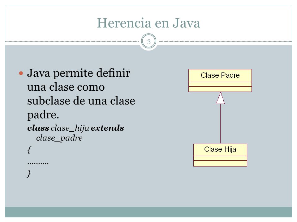 Herencia en Java Java permite definir una clase como subclase de una clase padre. class clase_hija extends clase_padre.