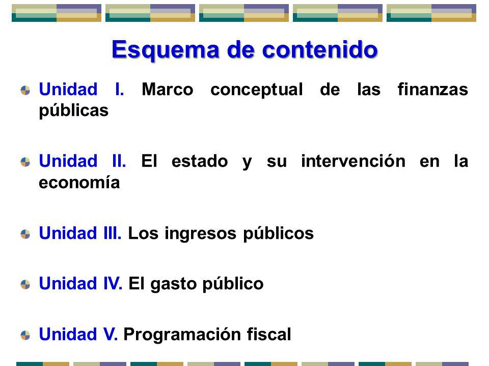 Esquema de contenido Unidad I. Marco conceptual de las finanzas públicas. Unidad II. El estado y su intervención en la economía.