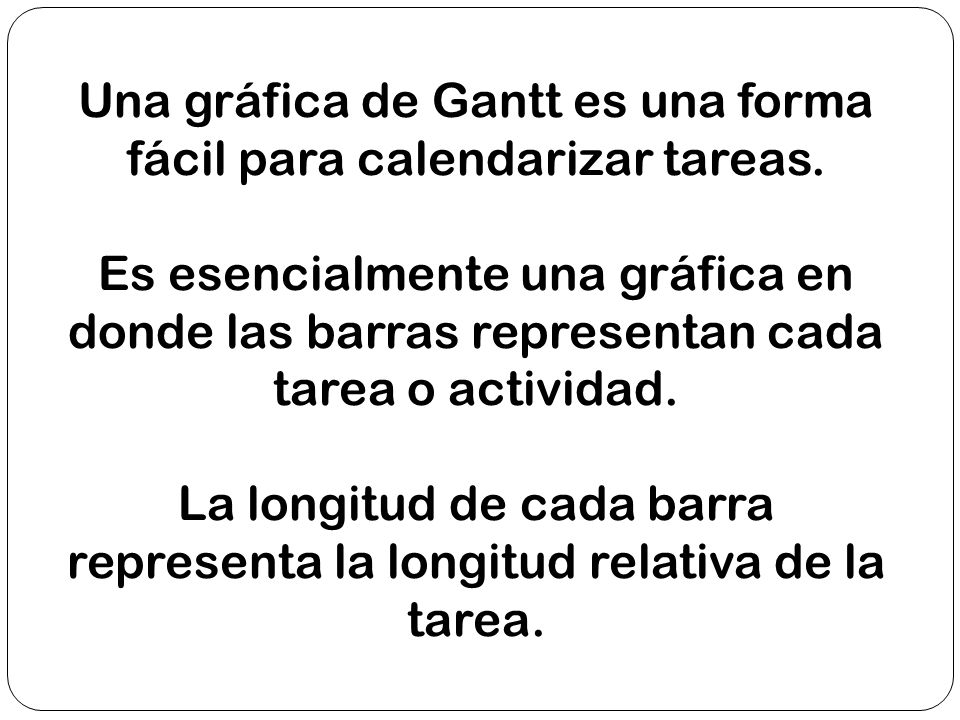 Una gráfica de Gantt es una forma fácil para calendarizar tareas.