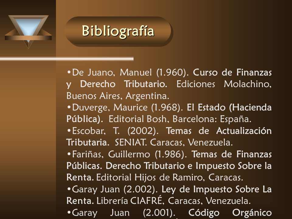 Bibliografía De Juano, Manuel (1.960). Curso de Finanzas y Derecho Tributario. Ediciones Molachino, Buenos Aires, Argentina.