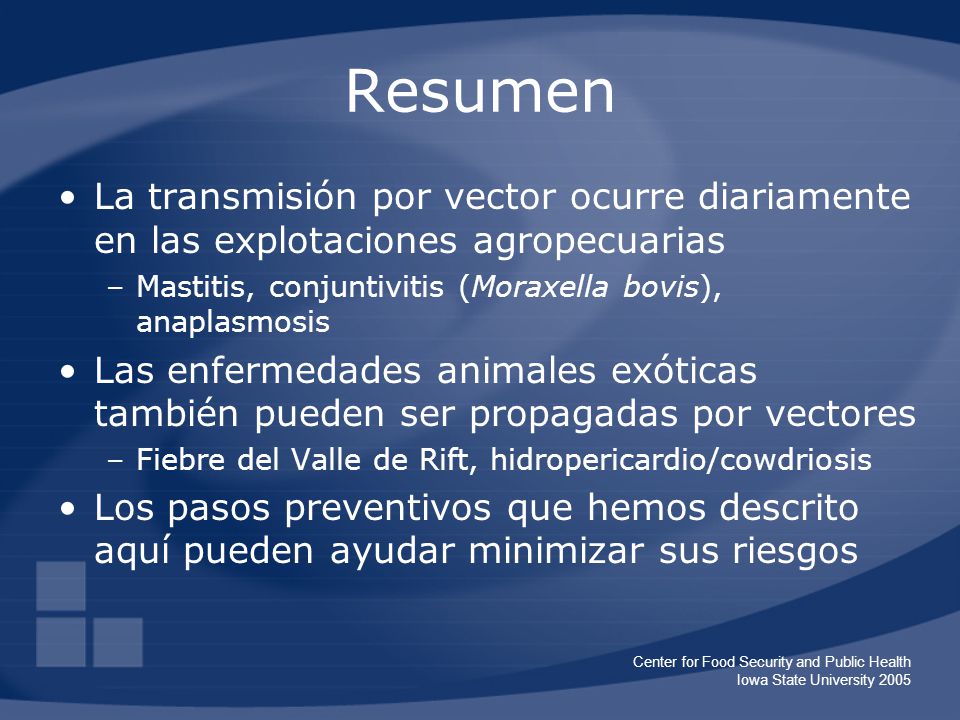 Resumen La transmisión por vector ocurre diariamente en las explotaciones agropecuarias. Mastitis, conjuntivitis (Moraxella bovis), anaplasmosis.