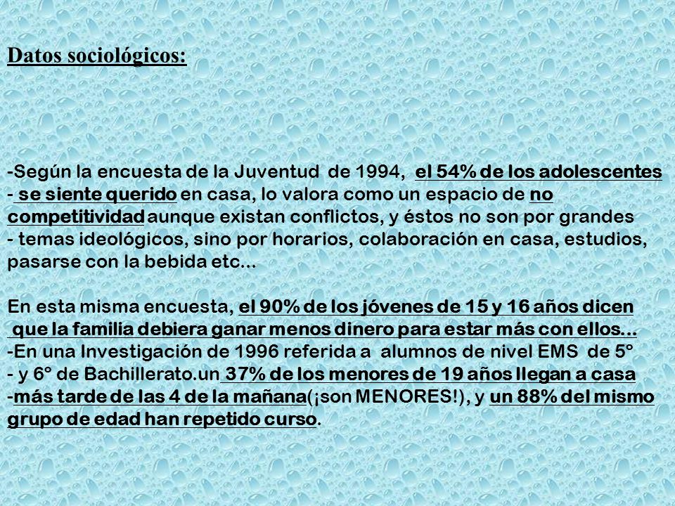 Datos sociológicos: Según la encuesta de la Juventud de 1994, el 54% de los adolescentes.